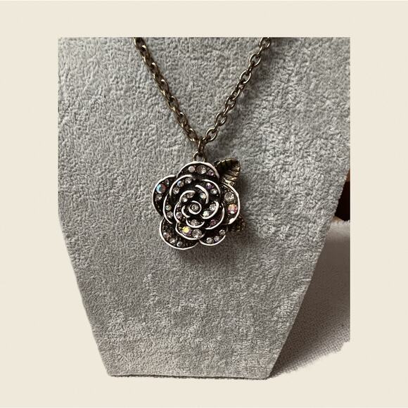 Sparkling Rose Pendant with AB Rhinestones on Vintage Chain, 20” - Picture 1 of 6